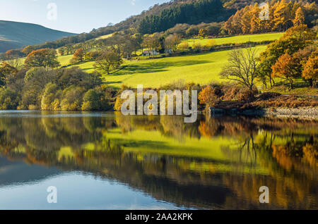 Reflections on Talybont Reservoir in the Brecon Beacons National Park Powys South Wales on a sunny autumn day. Autumn has arrived. Stock Photo