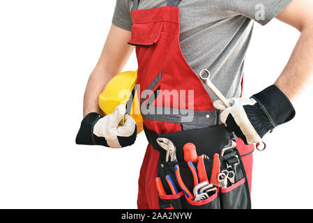 cheerful construction worker - craftsman in work clothes on white background - insulated Stock Photo