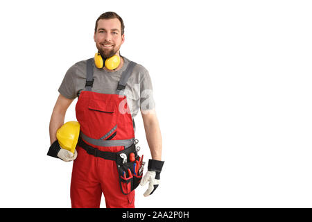 cheerful construction worker - craftsman in work clothes on white background - insulated Stock Photo