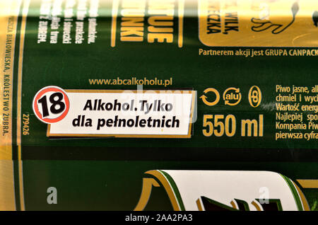 Polish beer can showing warning: 'Only for Adults' - no underage drinking Stock Photo