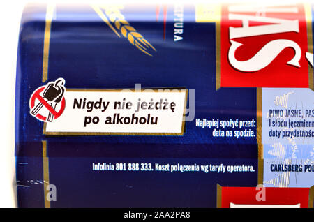 Polish beer can showing warning: 'Don't drink and drive' Stock Photo