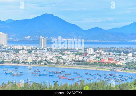 Aerial View of Fishing Boats Near My Khe Beach and Da Nang City Stock Photo