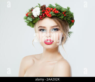 Pretty model with Christmas garland, Xmas concept Stock Photo