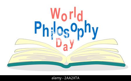 World Philosophy Day. Stack of books with open book and lettering on white background Stock Vector
