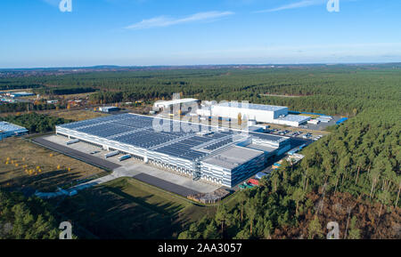 Freienbrink, Germany. 19th Nov, 2019. The freight traffic centre (GVZ) Freienbrink in the community Grünheide east of Berlin. Tesla is planning to build a Gigafactory in the huge forest area in the background. Credit: Patrick Pleul/dpa-Zentralbild/ZB/dpa/Alamy Live News Stock Photo