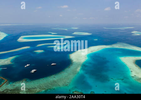 Liveaboards anchoring in Guraidhoo Lagoon, South Male Atoll, Indian Ocean, Maldives Stock Photo