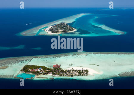 Vacation Island Ranveli and Inhabited Island Dhangethi, Ari Atoll, Indian Ocean, Maldives Stock Photo