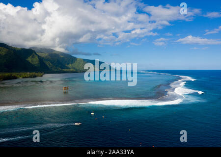 Aerial View of Teahupoo, Tahiti, French Polynesia Stock Photo