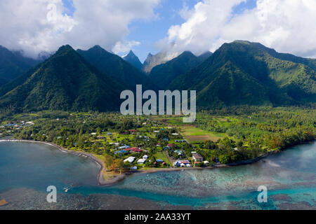 Aerial View of Teahupoo, Tahiti, French Polynesia Stock Photo