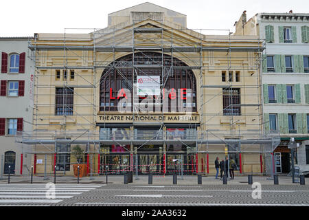 MARSEILLE, FRANCE -13 NOV 2019- View of the landmark La Criee Theatre National de Marseille theater building on the Vieux Port (old port) and marina i Stock Photo