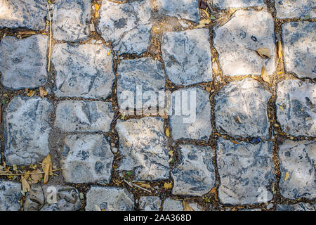 Old stone road of blue-gray stone and yellow leaves Stock Photo