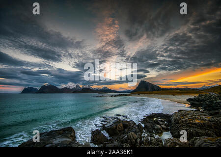 Coastal landscape at sunset, Lofoten, Nordland, Norway Stock Photo