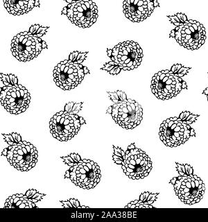 Raspberry seamless vector pattern, black and white berry isolated on white background, fruits background Stock Vector