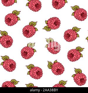 Raspberry seamless vector pattern, colorful berry isolated on white background, fruits background Stock Vector