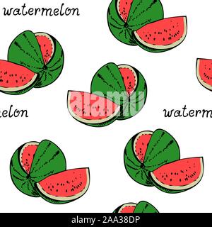Watermelon seamless pattern, fruit isolated on white background with handwritten text Stock Vector