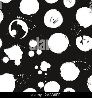 Abstract seamless pattern with white vector stains on black background, paint splashes background Stock Vector