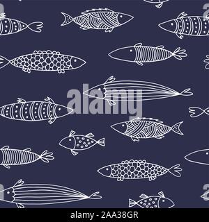 Fishes doodle vector pattern, animal seamless background Stock Vector