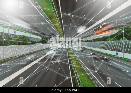 5G, Wireless communication network in big city concept. IoT (Internet of things). ICT (information communication technology), traffic on the highway Stock Photo