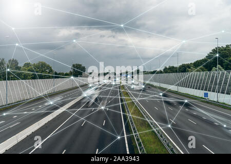 5G, Wireless communication network in big city concept. IoT (Internet of things). ICT (information communication technology), traffic on the highway Stock Photo