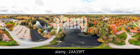 Aerial panoramic view of old village Ruotsinpyhtaa at autumn, Finland. Stock Photo