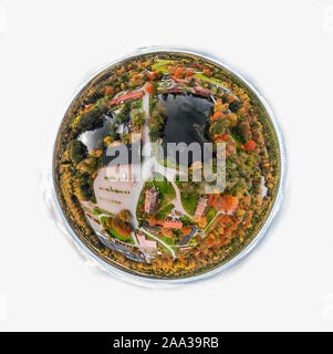 Aerial panoramic view in form of small planet of old village Ruotsinpyhtaa at autumn, Finland. Stock Photo