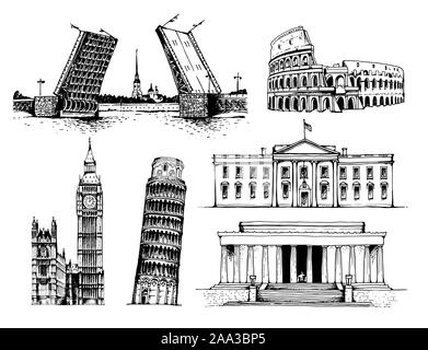 Palace Bridge and Peter and Paul Fortress, Coliseum, Elizabeth Tower (Big Ben), Tower of Pisa, White House, Lincoln Memorial vector illustration, worl Stock Vector