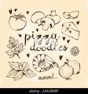 Pizza ingredients doodles, vector collection on beige background Stock Vector