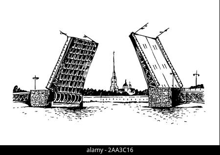 Palace Bridge and Peter and Paul Fortress vector illustration, popular symbols of Saint Petersburg, Russia vector illustration isolated on white backg Stock Vector