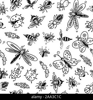 Insects doodle seamless pattern, vector background with bug, fly, butterfly, ladybug, dragonfly, wasp, centipede Stock Vector