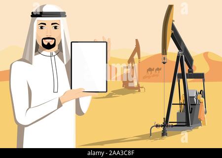 Arab man with tablet computer stands on the background of oil rigs in the desert. White screen, you can add your text here. Vector illustration Stock Vector