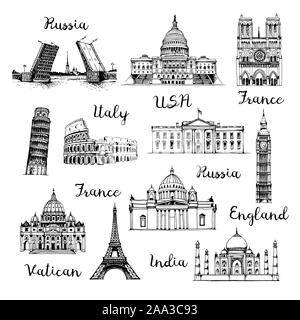 doodle icon set of world landmarks hand drawn isolated on white ...