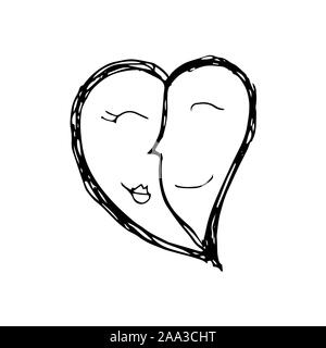 Hugging couple in heart. Hand drawing sketch for Valentine's Day. Black outline can be printed on textile, wallpaper, wrapping paper, greeting cards, used in logo, banner, landing page. Vector Illustration. EPS10 Stock Vector