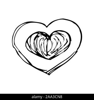 Heart in heart. Hand drawing sketch for Valentine's Day. Black outline can be printed on textile, wallpaper, wrapping paper, greeting cards, used in logo, banner, landing page. Vector Illustration. EPS10 Stock Vector