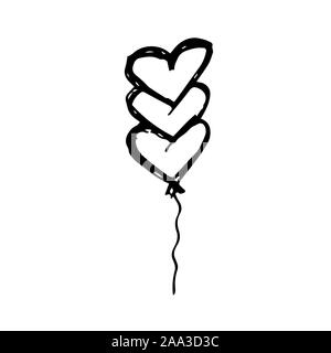 Baloons in heart shape. Hand drawing sketch for Valentine's Day. Black outline can be printed on textile, wallpaper, wrapping paper, greeting cards, used in logo, banner, landing page. Vector Illustration. EPS10 Stock Vector
