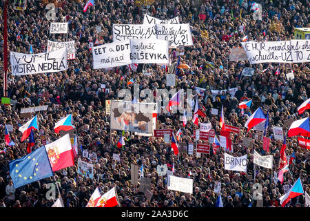 Mass demonstration, people , transparents, Letna Prague protest against prime minister Babis Czech Republic Stock Photo
