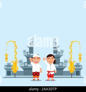 Couple character in front of gate of Bali Hindu temple vector illustration. Suitable for hinduism theme. Stock Vector