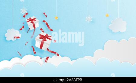 Christmas celebration background in paper cut style. Falling gift box in the sky with star and snowflakes. Digital craft paper art. Stock Vector