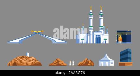 Landmark flat  icon of Mecca's gate and  Hajj pilgrim progress rite. Stock Vector