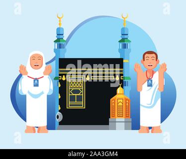 Cute couple  muslim pilgrims in front of  Kaaba and maqam Ibrahim. Suitable for info graphic. Stock Vector