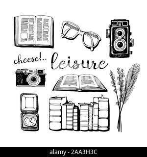 Vacation set, leisure doodles vector collection in vintage style isolated on white background Stock Vector