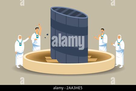 Hajj pilgrims stoning  devil's pillars. It's Call Jamaraat. One of Islam's sacred pilgrimage step. Suitable for info graphic. Stock Vector