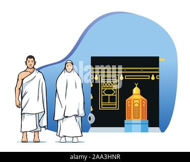 Male and female  muslim pilgrims in front of  Kaaba and maqam Ibrahim. Suitable for info graphic. Stock Vector