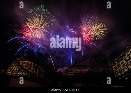 Cleebronn, Germany. 03rd Aug, 2019. Fireworks at the Tripsdrill theme park with the wooden roller coaster Mammut Credit: Nico Schimmelpfennig/dpa-Zentralbild/ZB/dpa/Alamy Live News Stock Photo