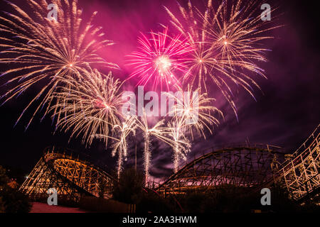 Cleebronn, Germany. 03rd Aug, 2019. Fireworks at the Tripsdrill theme park with the wooden roller coaster Mammut Credit: Nico Schimmelpfennig/dpa-Zentralbild/ZB/dpa/Alamy Live News Stock Photo