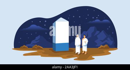 Muslim pilgrims at summit of mount Arafat. One of Islam's sacred pilgrimage route. Suitable for info graphic. Stock Vector