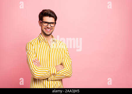 Photo of amazing business guy crossing hands toothy beaming smile reliable worker wear specs stylish striped shirt isolated pink color background Stock Photo