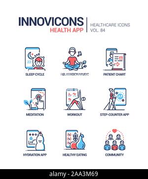 Health mobile app line design style icons set Stock Vector