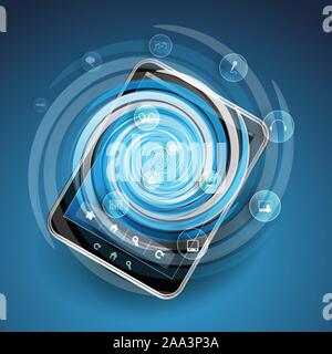 Blue Cloud Computing Concept, Technology Background, Flyer or Cover Design with Tablet PC and Transparent Bubbly Icons - Illustration in Vector Stock Vector
