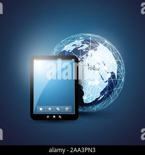 Abstract Dark Blue Global Mobile Networks Concept Creative Design with Digital Earth Globe and Tablet PC - Illustration in Freely Scalable Vector Stock Vector