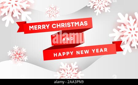 Merry Christmas and happy new year vector composition with 3d white snowflakes, red ribbons, fluid waves on grey background with copy space. Winter ho Stock Vector